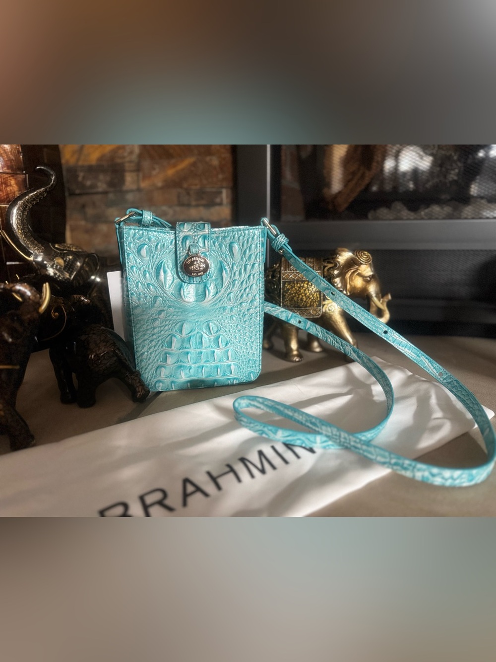 Brahmin Aqua Croc-Embossed Crossbody Phone Pouch